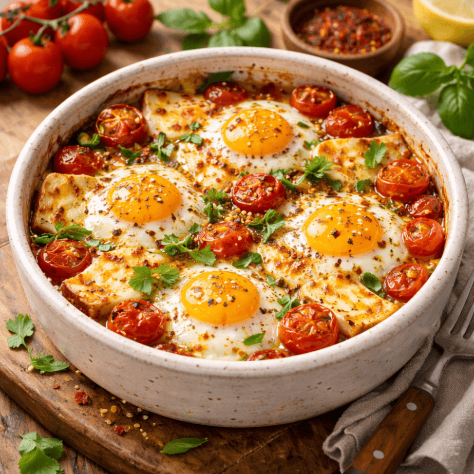 Fırında Hellim Peynirli ve Domatesli Yumurta Fırında Hellim Peynirli ve Domatesli Yumurta