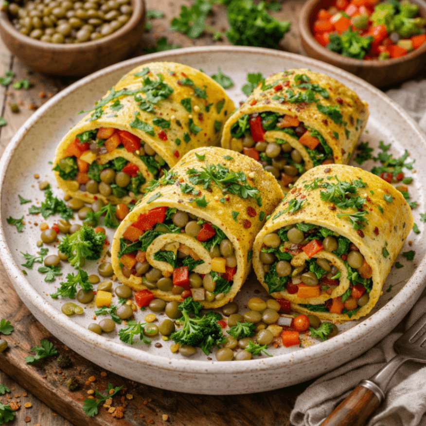 Yeşil Mercimekli ve Sebzeli Omlet Ruloları Yeşil Mercimekli ve Sebzeli Omlet Ruloları